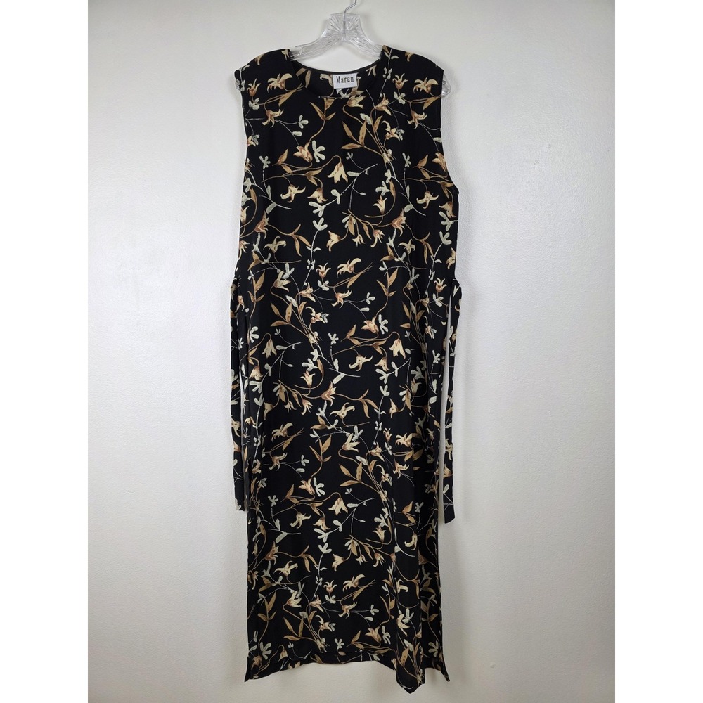 Maren Dress Womens Medium Black‎ Floral Shift Midi Sleeveless Slit Sides Y2K
